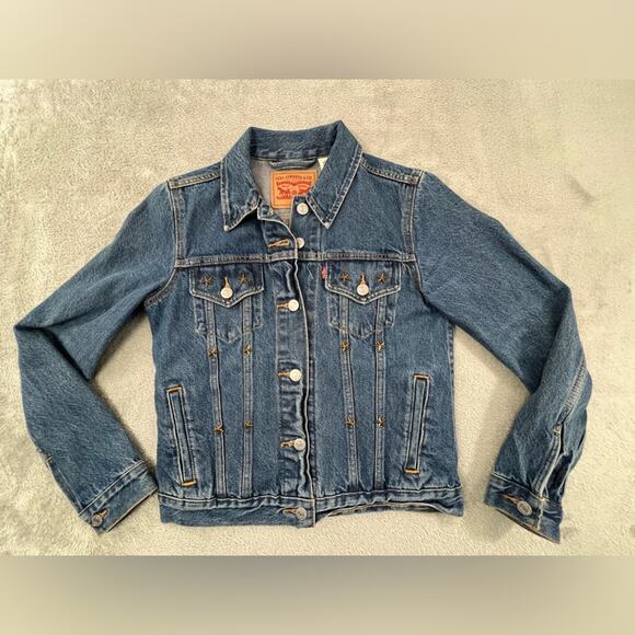 Levi Strauss S‎ 100% Cotton Blue Denim Star Embellished Button Down Jean Jacket - Picture 1 of 8
